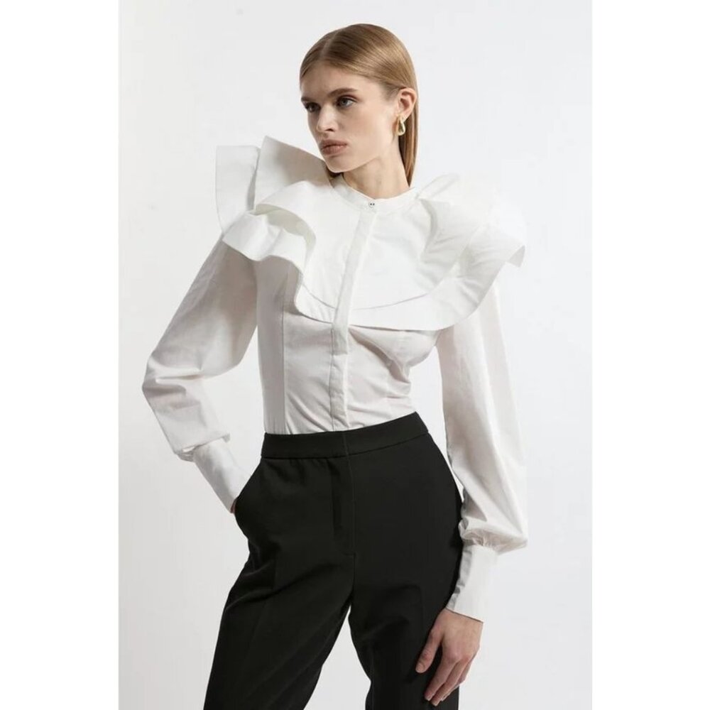 NWT KAREN MILLEN High Neck Ruffle White Shirt — Size US 4/UK 8